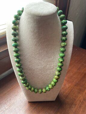 Vintage Green Stone Necklace 22” Chunky Beads Statement Gold Tone Accents